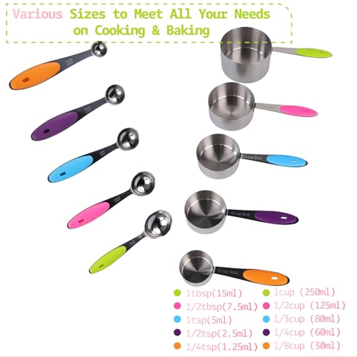 Inmorven 10pcs Measuring Cups and Spoons Set, Nesting Kitchen Stainless Steel Measuring Set for Baking Cooking Dry Liquid Ingredients Upgraded Thickness Handle - color: Stainless Steel