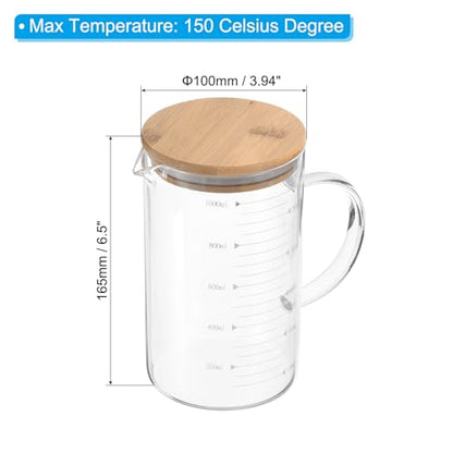 PATIKIL 1000ml Glass Measuring Cup, 2 Pack 3.3 Borosilicate Glass Graduated White Printed Scale Liquid Measure Cups Beaker with Wood Lid and V-Shaped Spout for Kitchen - size: 1000ml