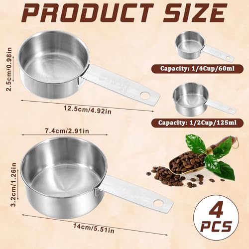 Stainless Steel Measuring Cup, 4 Pcs 1/4, 1/2 Cup, 60 ml/125 ml Metal Cup Scoop Kitchen Gadgets for Coffee Cooking Baking Dry Wet Liquid Ingredients, Dishwasher Safe - size: 1/4 Cup, 1/2 Cup