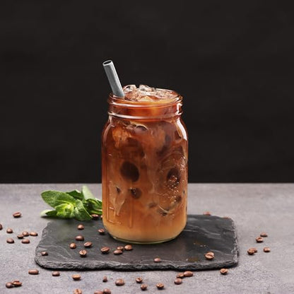 Reusable Boba Bubble Tea & Smoothie Cups - 2 Glass Wide Mouth 32 oz Mason Jars with Bamboo Lids - 2 Reusable Silver Stainless Steel Boba Straws