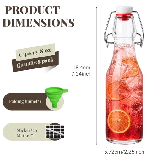 Swing Top Glass Bottles 8 oz with Flip Airtight Lids,8 Pack | Glass Brewing Bottles with Rubber Seal Stopper Caps for Kombucha, Beverages, Oil, Vinegar, Water, Juice