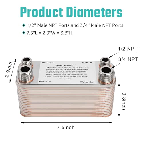 40 Plate Wort Chiller, Brazed Plate Heat Exchanger for Homebrew, Stainless Steel Plate Beer Brewing Wort Chiller, 1/2 & 3/4NPT Thread Wort Cooler System