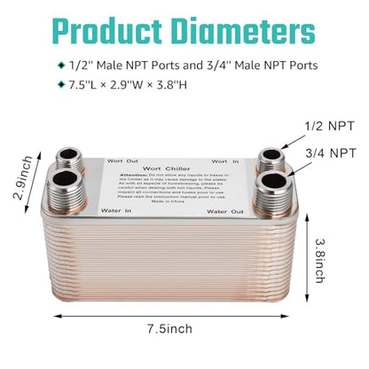 40 Plate Wort Chiller, Brazed Plate Heat Exchanger for Homebrew, Stainless Steel Plate Beer Brewing Wort Chiller, 1/2 & 3/4NPT Thread Wort Cooler System