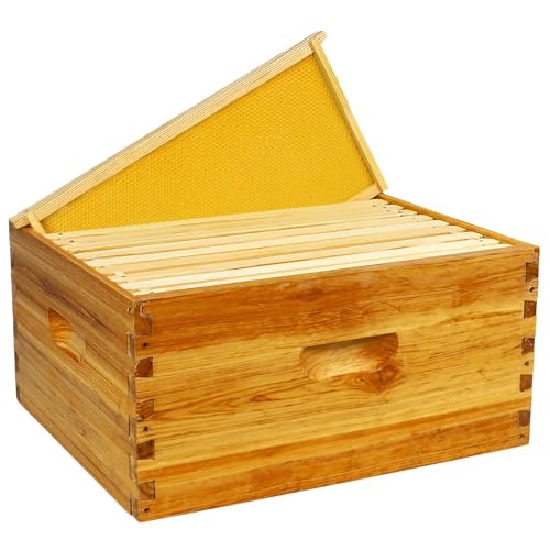 10 Frame Deep Brood Box Langstroth Bee Hive Box Dipped in Beeswax, Sections of Wood for Beehives Include Beehive Frames and Wax Foundations (Yellow Unassembled) - size: Deep 10pack
