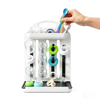 Baby Bottle Drying Rack, Modular Vertical Bottle Drying Rack for Baby Bottles, Pump Parts and Pacifiers, Space Saving Countertop Baby Bottle Organizer with 12 Hooks, Stable Base and Drip Tray (Black)
