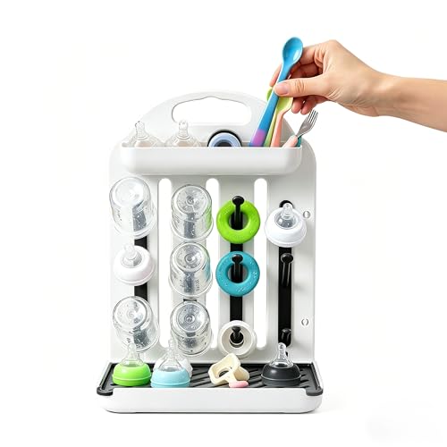 Baby Bottle Drying Rack, Modular Vertical Bottle Drying Rack for Baby Bottles, Pump Parts and Pacifiers, Space Saving Countertop Baby Bottle Organizer with 12 Hooks, Stable Base and Drip Tray (Black)