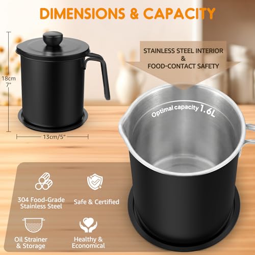 Chihee Grease Container Stainless Steel 2L / 67.6 fl oz Fine Mesh Strainer | Easy to Clean Large Spout Bacon Grease Saver Cooking Oil Keeper Stoarge Can with Dust-proof Lid Non-slip Tray Kitchen Frying - color: Black(2L)