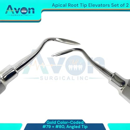 No. 79 & No. 80 Apical Root Tip Pick Elevator, Angled Tip, Hollow Gold Color Handle | Autoclave Safe German Stainless Steel Instruments (Set of 2)