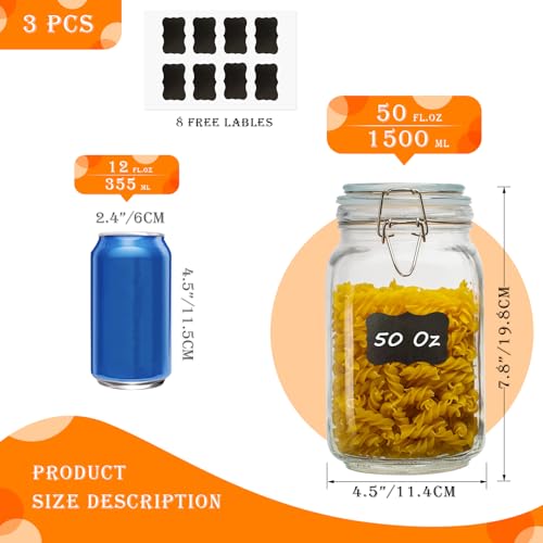 50oz Square Glass Food Storage Jars with Airtight Clamp Lids, 3 Pack Large Kitchen Canisters for Flour, Cereal, Coffee, Pasta and Canning, Mason Jar (Clear 50oz Square - 3 sets) - color: Clear 50oz Square - 3 sets