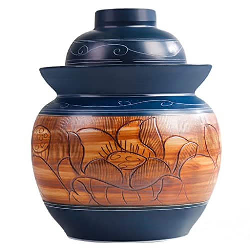 ZHOUXIAO Traditional Chinese Ceramic Fermenting Jar Fermentation Crock Carved Lotus Food Storage Containers Pickle Jars with Water Seal Airlock Lid Sealing Jars for Sauerkrau 1.75KG