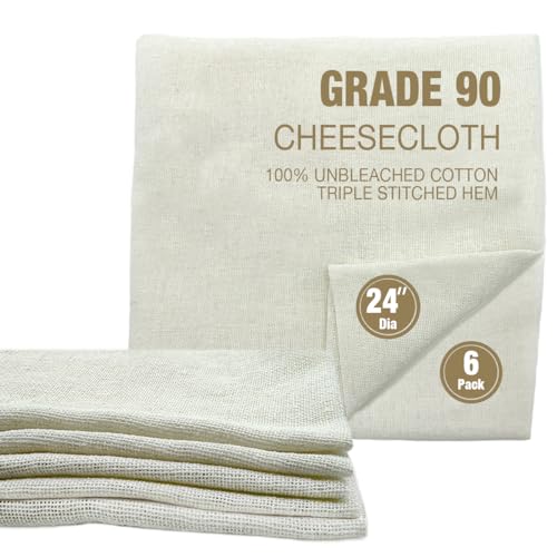 Traditional THAI Sticky Rice 24 Inch Round 6 Pack Reusable Cheesecloth, Grade 90 Triple Stitched Hem, Chef Quality, 100% Unbleached Cotton Fabric for Straining and Cooking - size: 24 IN