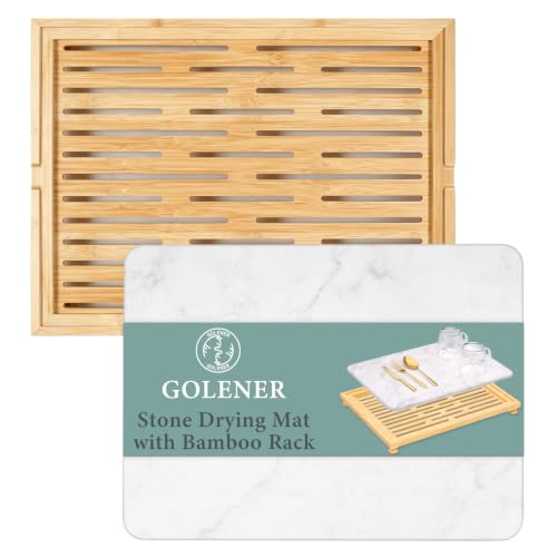 Golener Stone Drying Mat for Kitchen Counter, Dish Drying Pad with Bamboo Rack, Super Absorbent Diatomaceous Earth and Drying Rack, Multi-purpose Quick Drying Mat Rack for Kitchen,Marble White,16”x12”