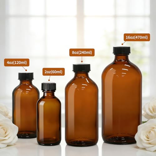 40 Pack 2oz Amber Glass Boston Round Bottles with Polycone Leak-Proof Phenolic Caps – Brown Airtight Refillable Containers for Homemade Vanilla Extract, Essential Oils, Herbal Medicine, and Syrups - size: 2oz