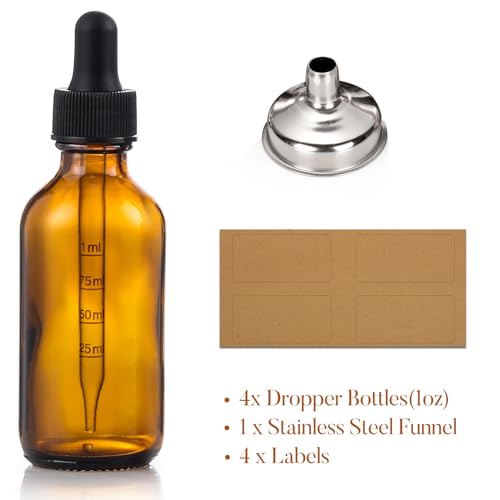 4 Pack 1 oz Glass Dropper Bottles with Measured Dropper - 30ml Dark Amber Tincture Bottles with Graduated Calibrated Glass Eye Droppers (1ml) for Essential Oils, Liquids - Leakproof Travel Bottles - style: Measured Dropper