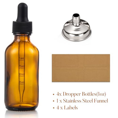 4 Pack 1 oz Glass Dropper Bottles with Measured Dropper - 30ml Dark Amber Tincture Bottles with Graduated Calibrated Glass Eye Droppers (1ml) for Essential Oils, Liquids - Leakproof Travel Bottles - style: Measured Dropper