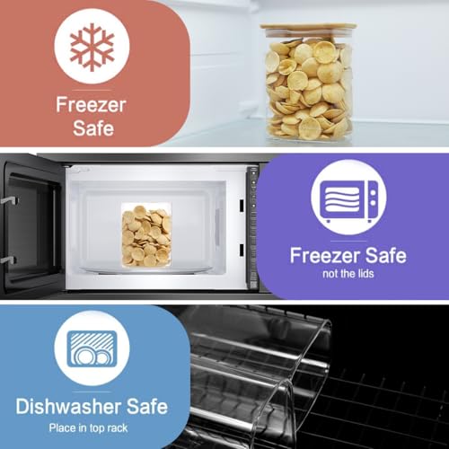 4 Pack Square Glass Pantry Storage Containers with 132 Kitchen Food Pantry Labels - 34 floz Clear Glass Pantry Jars with Airtight Wood Bamboo Lids - Glass Canisters for Tea, Cereal, Coffee, Spice - size: 34oz-4pack