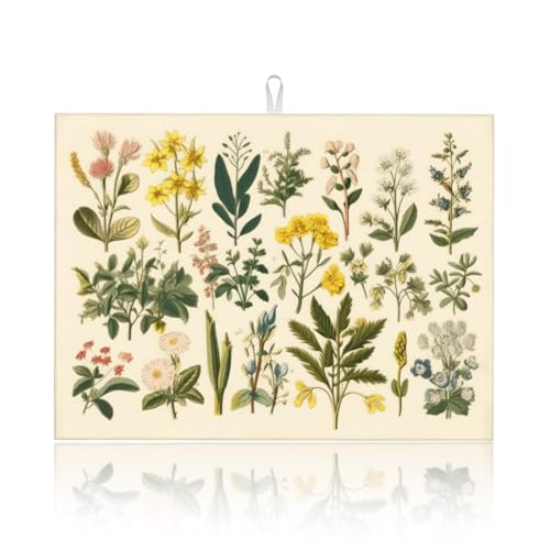 Floral Microfiber Dish Drying Mat XL for Kitchen Counter Absorbent Large Dish Drying Pads Reusable Washable Plants Herbs Draining Mat 18x24 Inch - color: Plants Herbs Floral