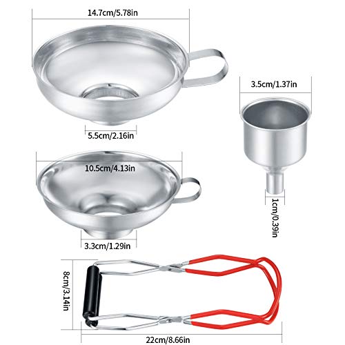 3 Pcs Canning Funnels for Wide and Regular Jars, Stainless Steel Wide Mouth Funnels, Metal Funnel Set for Kitchen Use, Transferring Liquid Power Mason Jam Grains, with Jar Tongs Lifter