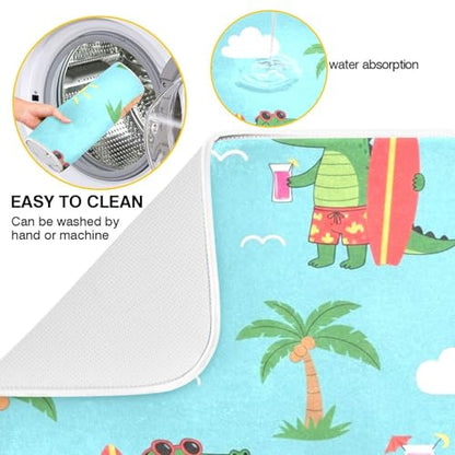 Crocodile Palm Trees Dish Drying Mat for Kitchen Counter Super Absorbent Draining Mat with Non-slip Backed Dishwashing Mat for Dish Cups Bowl Bottles Countertops Sinks Draining Racks