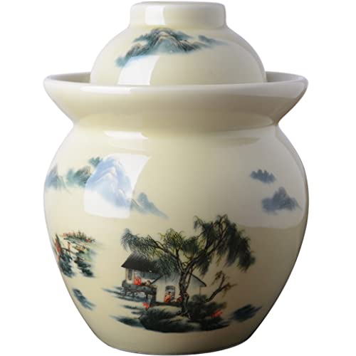 Fermentation Crock Jar Classical Ink Landscape Painting Decoration Pickle Jar, Double Water Seal Kimchi Jar With Cover, Chinese Handmade Ceramics Storage Jar (Color : A, Size : 3.5kg) - size: 3.5kg