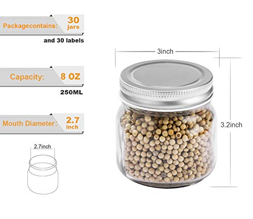 Mason Jars 8 oz 30 Pack- Small Mason Jars With Silver Lids -1/4 Quart Canning Jars| Storage Glass Jars With Lids For Jelly, Jam, Honey, Pickles - Spice Glass Jars - With 30 Chalkboard Labels - color: Silver