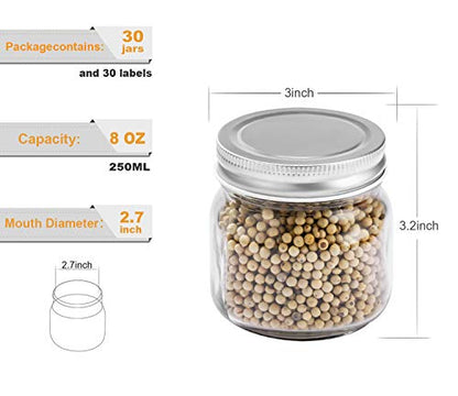 Mason Jars 8 oz 30 Pack- Small Mason Jars With Silver Lids -1/4 Quart Canning Jars| Storage Glass Jars With Lids For Jelly, Jam, Honey, Pickles - Spice Glass Jars - With 30 Chalkboard Labels - color: Silver