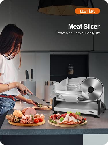 OSTBA Electric Deli Meat Slicer, 200W Food Slicer with 0-15mm Adjustable Thickness, 7.5” Removable Stainless Steel Blade & Food Carriage, Child Safety Lock, Easy to Clean - For Home Use - size: 7.5"x1 Blades-200 watts