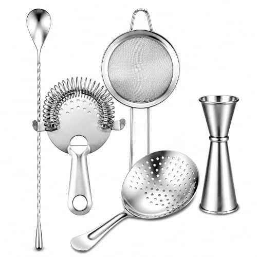 Yoption Cocktail Strainer Set, Stainless Steel Bar Tools with Mixing Stirring Spoon, Julep, Hawthorne, Fine Mesh Strainer and Jigger for Bartending