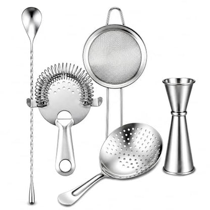 Yoption Cocktail Strainer Set, Stainless Steel Bar Tools with Mixing Stirring Spoon, Julep, Hawthorne, Fine Mesh Strainer and Jigger for Bartending