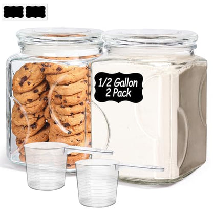 ComSaf 2 qt Glass Flour and Sugar Storage Containers Set of 2, Wide Mouth Half Gallon Square Airtight Pantry Jars with Lids, Thick Glass Kitchen Canisters for Cookies, Coffee, Snacks - size: 64oz-2Pcs