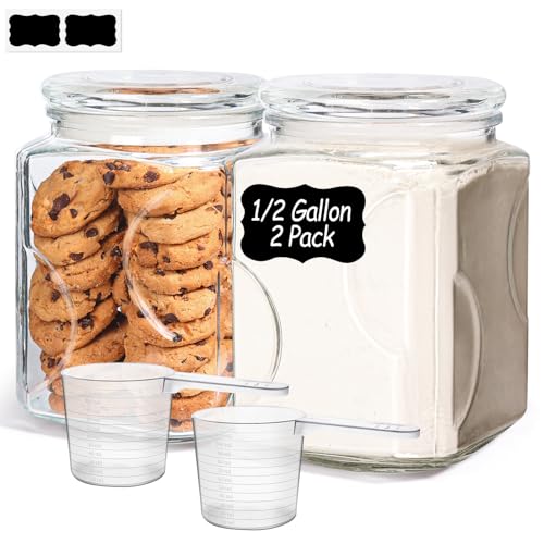 ComSaf 2 qt Glass Flour and Sugar Storage Containers Set of 2, Wide Mouth Half Gallon Square Airtight Pantry Jars with Lids, Thick Glass Kitchen Canisters for Cookies, Coffee, Snacks - size: 64oz-2Pcs