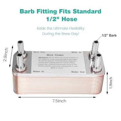MRbrew Wort Chiller 20 Plates, 1/2 Barb Fitting Connection, Brazed Plate Copper Heat Exchanger for Homebrew, Stainless Steel 7.5" x 2.9" Plate, Hot Liquid Accelerated Cooler Quick Beer Cooling System