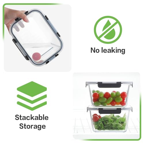 HOMBERKING 4 Pieces 63oz/8cup Large Glass Food Storage Containers with Lids, Meal Prep Containers, Airtight Bento Boxes with Leak Proof Locking (2 Containers + 2 Lids) - Microwave, Oven Safe - color: Black, size: 2 Sets