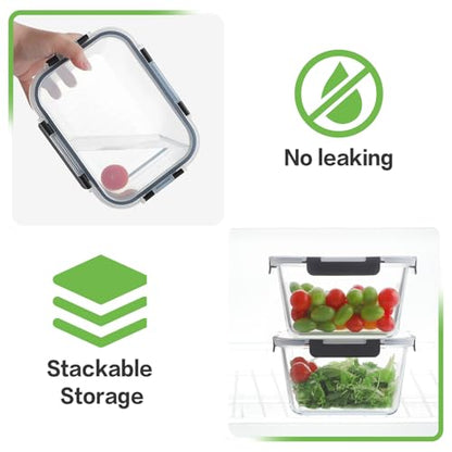 HOMBERKING 4 Pieces 63oz/8cup Large Glass Food Storage Containers with Lids, Meal Prep Containers, Airtight Bento Boxes with Leak Proof Locking (2 Containers + 2 Lids) - Microwave, Oven Safe - color: Black, size: 2 Sets