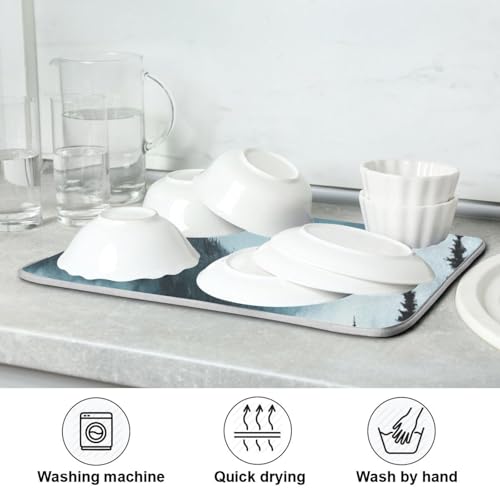 Moon Pine Trees Mountain Dish Drying Mat for Kitchen Counter Super Absorbent Draining Mat with Non-slip Backed Dish Drying Pad for Draining Racks Countertops Sinks Dish Bottles Cups Bowl