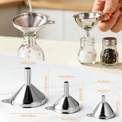 Small Funnels for Filling Bottles, 3 Pcs Stainless Steel Kitchen Funnel Set, Food Grade Mini Metal Funnel for Transferring Oil Liquid, Easy Cleaning with a Brush (Short Handle) - size: short handle