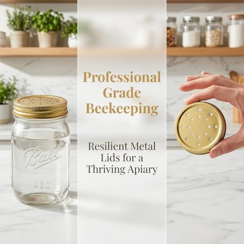 FENICAL Bee Feeder Lids for Mason Jar: 8pcs Bee Hive Entrance Feeder Lids Beehive Water and Sugar Dispenser Honeybee Beekeeping Feeding Accessories for Outdoor Beehives. 2.87 * 0.59 Inch (Gold)