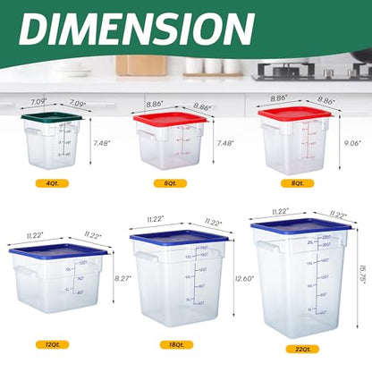 4 Pack 4 Qt Square Polycarbonate Food Storage Containers with Lids | Clear BPA-free PC with lids, side handles, measurement scale and stackable design; for food prep, storage and freezer use. - color: 4Qt