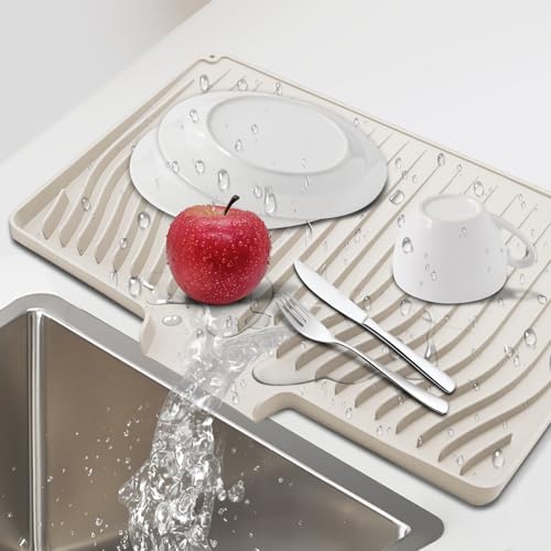 Silicone Dish Drying Mat for Kitchen Countertops and Sinks,19 x13.7 Inch Non Slip Heat Resistant Mat with Built In Drainage System,For Refrigerator and Drawer Liners (Creamy-white, 19 x13.7 Inch) - color: Creamy-white