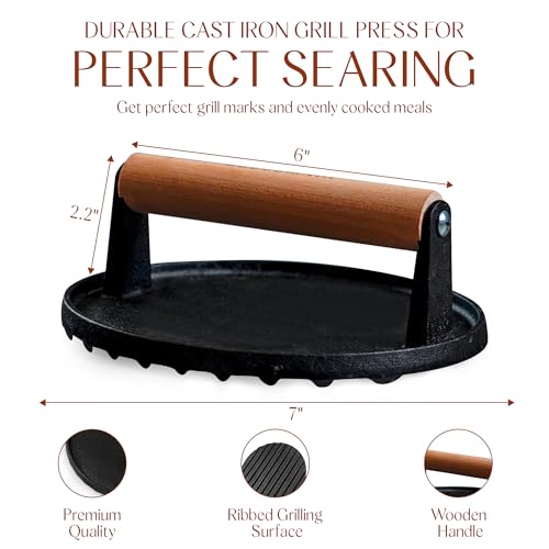 Bellemain Heavy Duty Cast Iron Smash Burger Press 7" Round Grill Press for Cooking Burgers, Bacon, Sandwiches, Steak, BBQ, Ground Beef, Meats, Sausages, and So On - size: 7" Burger Press