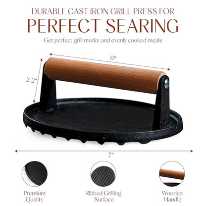 Bellemain Heavy Duty Cast Iron Smash Burger Press 7" Round Grill Press for Cooking Burgers, Bacon, Sandwiches, Steak, BBQ, Ground Beef, Meats, Sausages, and So On - size: 7" Burger Press