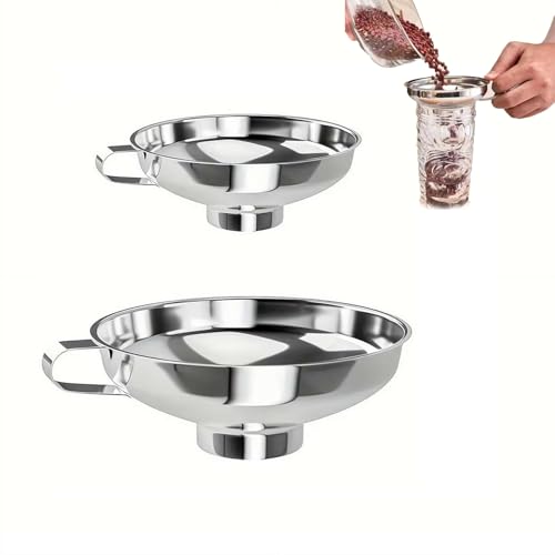 Wide Mouth Canning Funnel Cup,Stainless Steel Kitchen Funnel,Wide-Mouth Canning FunnelWith Handle for Mason Jar,for Transferring of Liquid Fluid Dry Ingredients Powder - color: Silvery, size: S+M