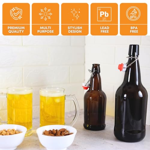 FastRack 33 oz Amber Swing Top Glass Bottles – 2 Pack | Flip Top Airtight Bottles (Not Olive Oil Style) | UV-Protective Bottles for Kombucha, Beer, Soda & Fermentation - color: Amber