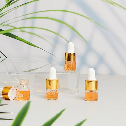 Didaey 200 Pcs 1/2/3/5/10/15 ml Mini Glass Oil Dropper Bottle Bulk, Clear Essential Small Empty Bottles Sample Containers Perfume Liquid Vials with Cap for Traveling (1 ml,Champagne Gold) - color: Champagne Gold, size: 1 ml