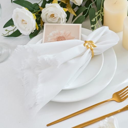 Handmade Cotton Linen Napkins Cloth with Fringes Set of 4 17"x17" White Boho Dinner Table Napkins Bulk for Wedding Party Bridal Baby Shower Decoration - color: White