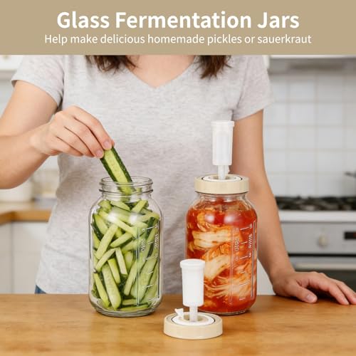 Fermentation Jar, 2 Pcs Glass Fermenting jar with Date Tracker & One-Way Air Valve, Square Space-Saving Design for Kimchi, Sauerkraut & Kitchen Storage, 9.4 x 4.7 x 4.7 in, 64 fl oz