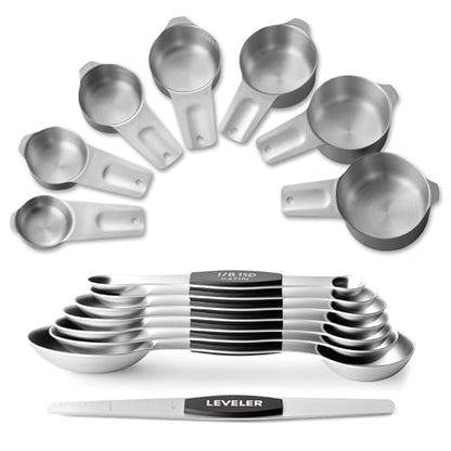 Stainless Steel Measuring Cups & Spoons Set, EWFEN Kitchen Tools Nesting Measuring Cups and Spoons, Fits in Spice Jars for Baking & Cooking, BPA Free, Set of 15 with Leveler, Black - color: Black Spoons