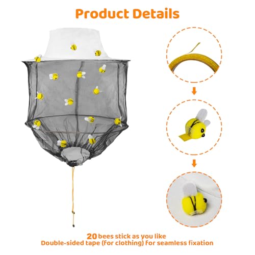 Hallowee Beekeeper Set Including 1 Pcs Bee Hat and Veil, 20 Pcs Wool Felt Bee,Insect Hats with Netting for Bee bee Keeper Adult Catcher Halloween Costume/22 Pcs