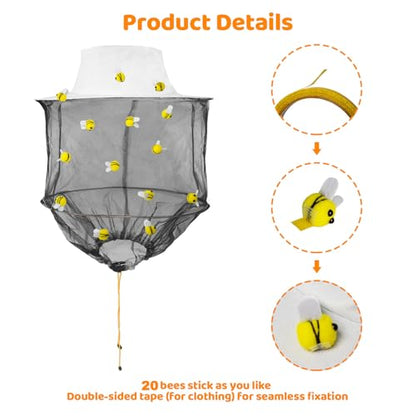 Hallowee Beekeeper Set Including 1 Pcs Bee Hat and Veil, 20 Pcs Wool Felt Bee,Insect Hats with Netting for Bee bee Keeper Adult Catcher Halloween Costume/22 Pcs