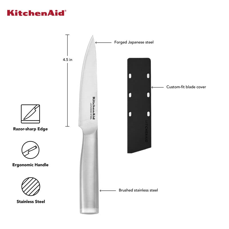 KitchenAid Gourmet Forged Stainless Steel Fine-Edge Utility Knife with Custom-Fit Blade Cover, 4.5-inch, Sharp Kitchen Knife, Japanese Steel Blade, Brushed Stainless Steel Handle - style: 4.5-Inch Fine-Edge Utilty Knife